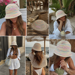 Bucket Hat Crochet Rainbow miu beige