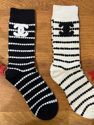 Pack 2 calzini Chanel con trama panna/nero