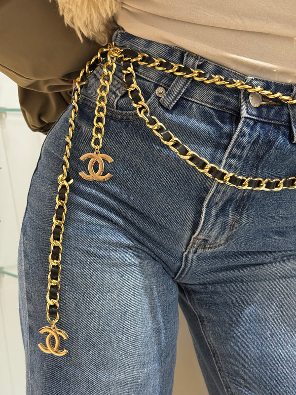 Cintura doppia catena pelle e oro chanel