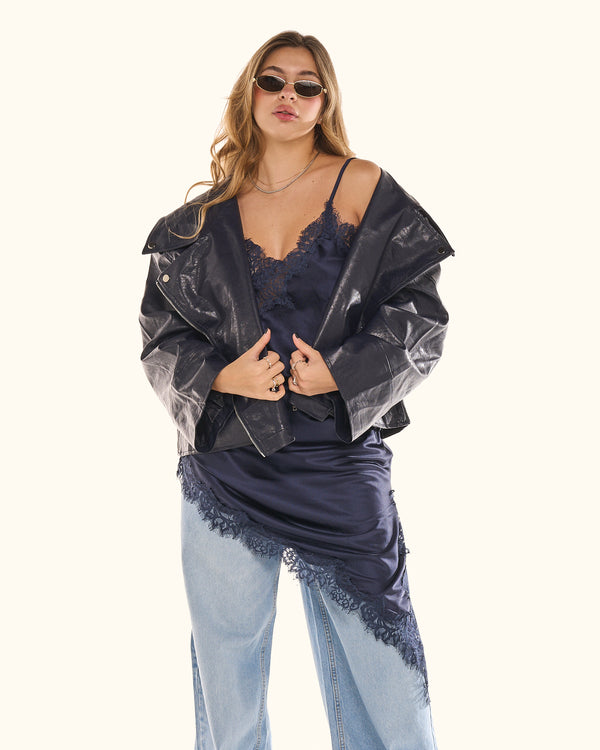 Giacca biker effetto pelle blu