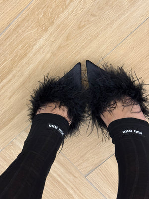 Calzini lunghi Miu Miu neri rigati con logo