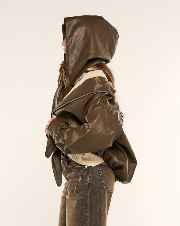 Bomber soft in pelle con accessorio hooded