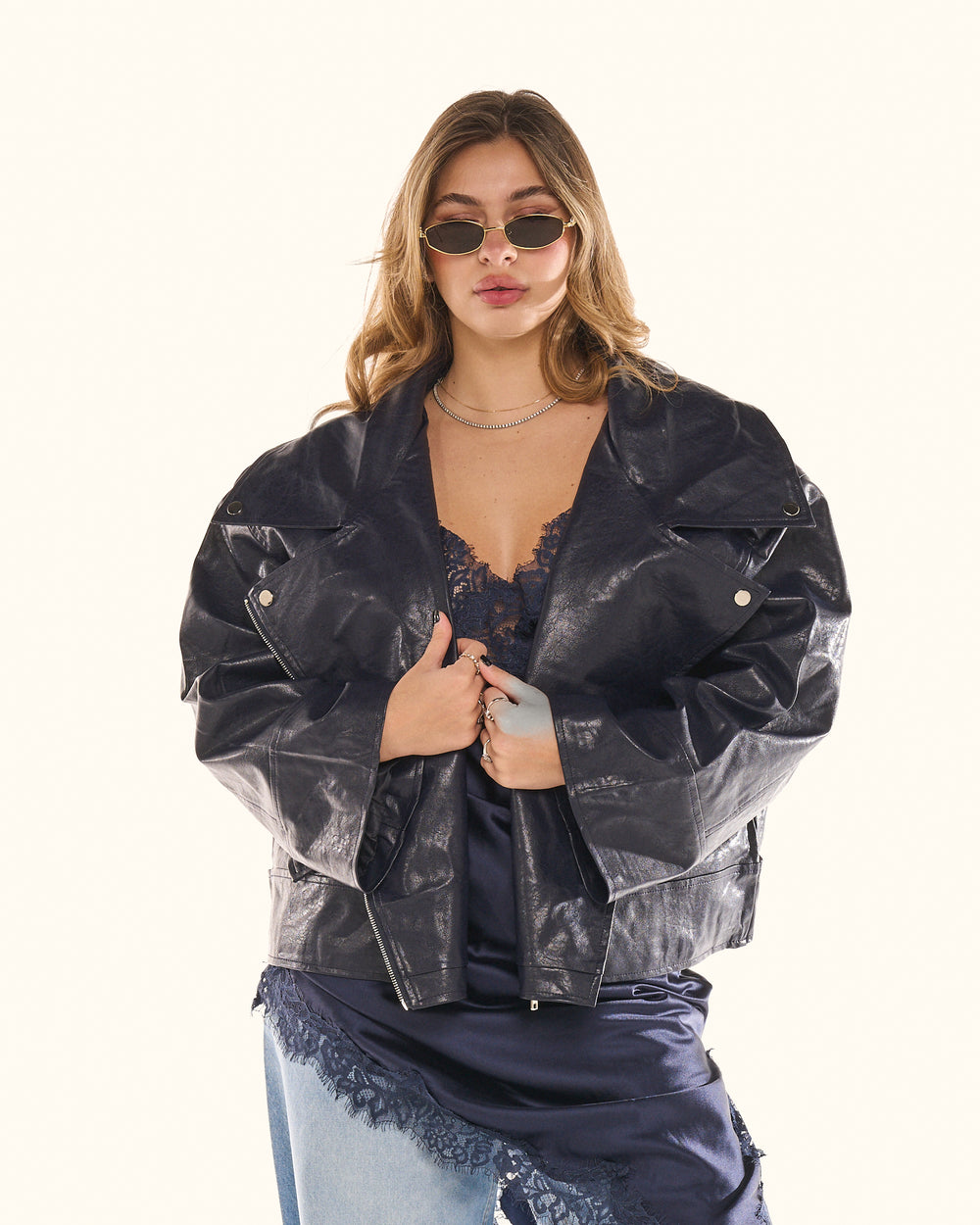 Giacca biker effetto pelle blu