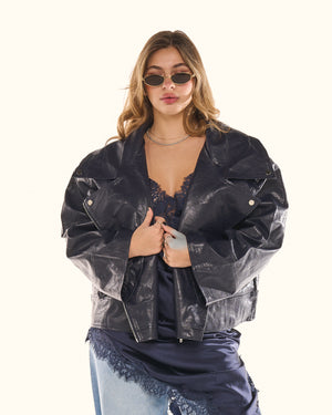 Giacca biker effetto pelle blu