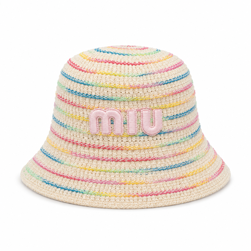 Bucket Hat Crochet Rainbow miu beige