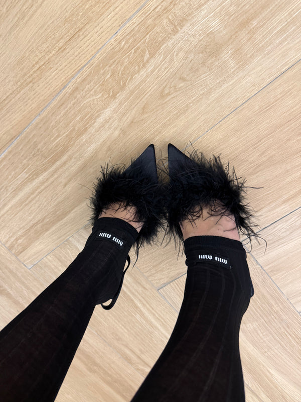 Calzini lunghi Miu Miu neri rigati con logo