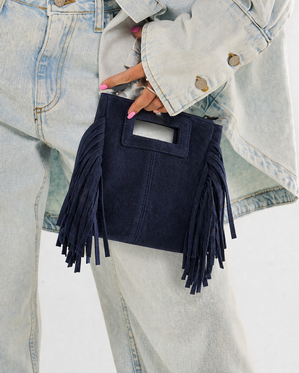 Borsa mini in vera pelle con frange