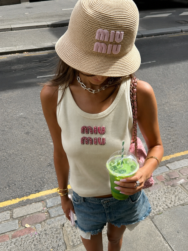 Cappello Rafia miu scritta rosa