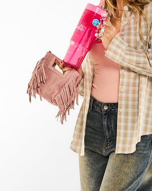 Borsa mini in vera pelle con frange rosa