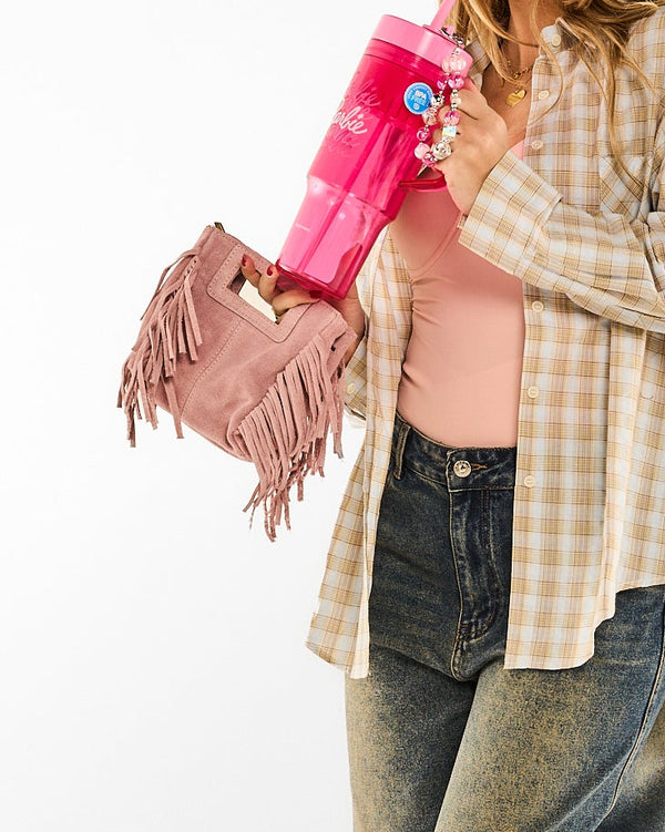 Borsa mini in vera pelle con frange rosa