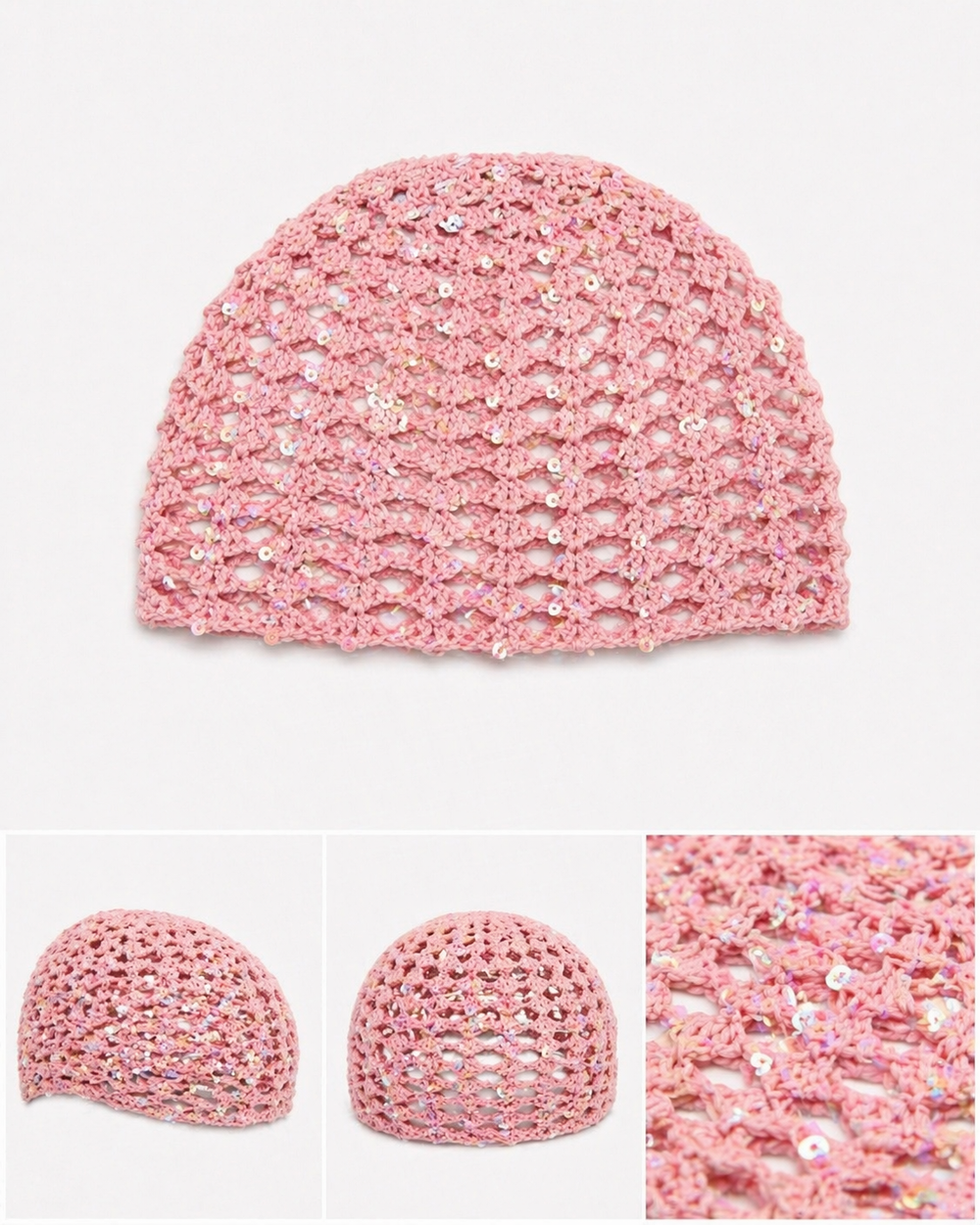 Cuffia crochet paillettes pinky
