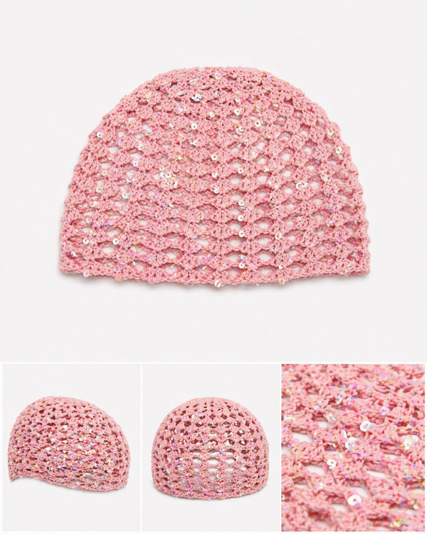 Cuffia crochet paillettes pinky