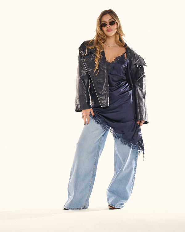 Giacca biker effetto pelle blu