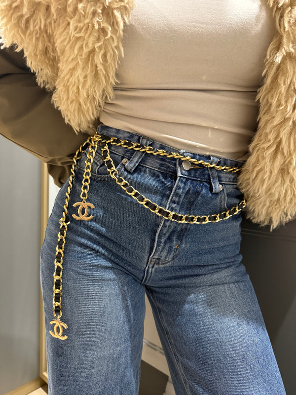 Cintura doppia catena pelle e oro chanel