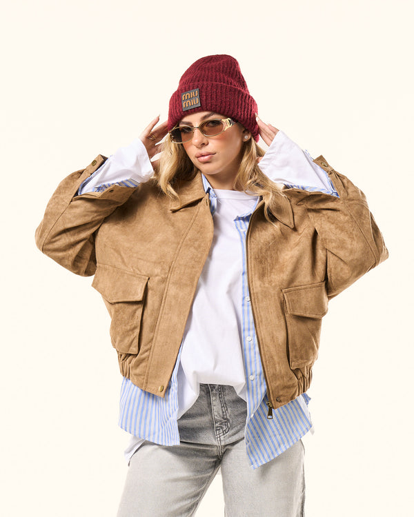 Cappello Miu Miu in lana bordò con logo in pelle