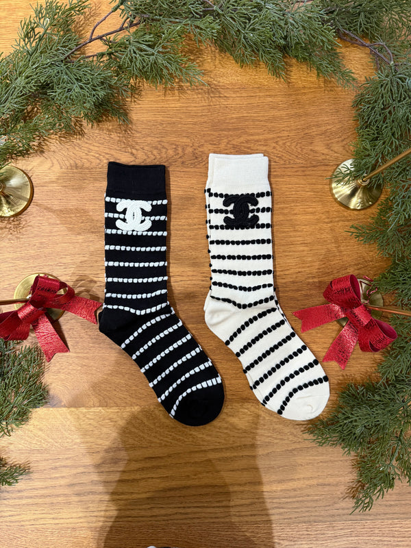 Pack 2 calzini Chanel con trama panna/nero