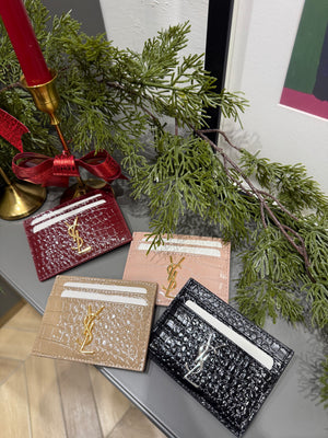 Portacarte martellato in vernice YSL beige