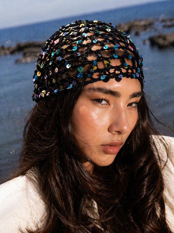 Cuffia crochet paillettes mix color